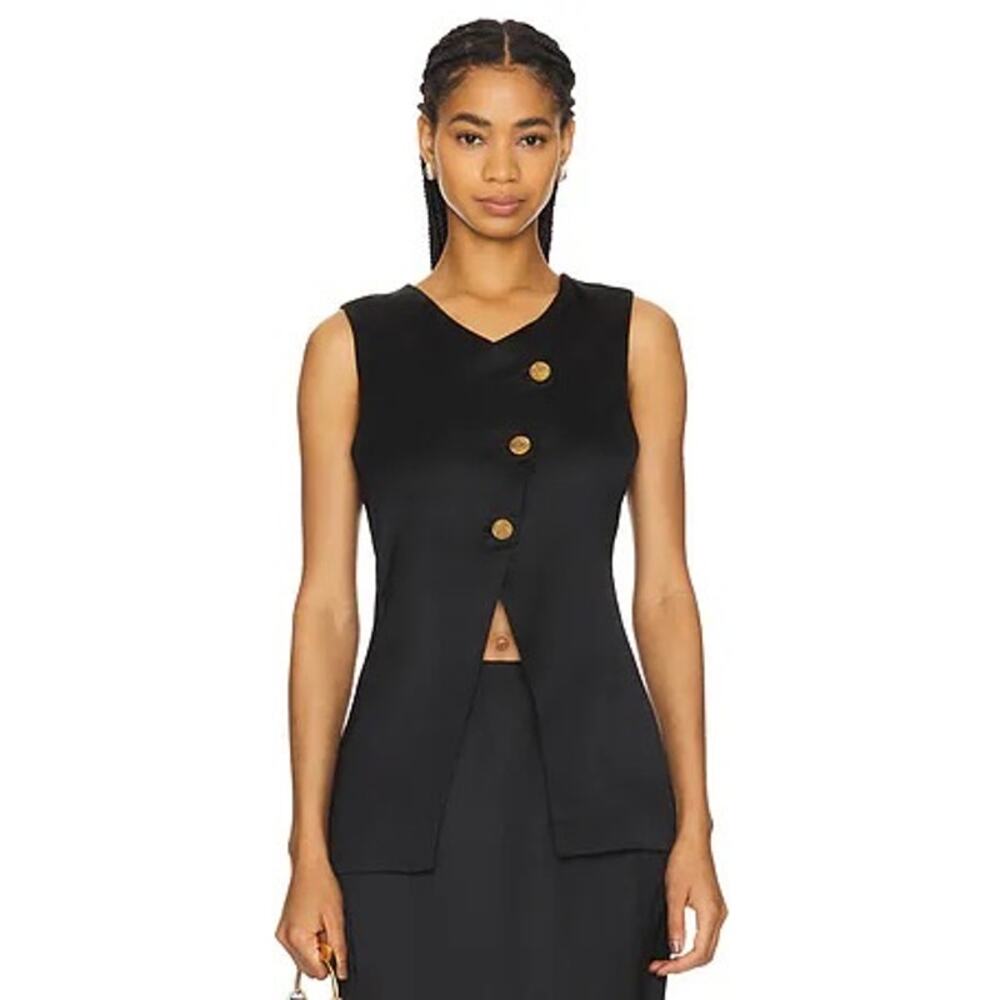 Posse Gigi Gilet Black Satin Vest Gold Buttons Size Small